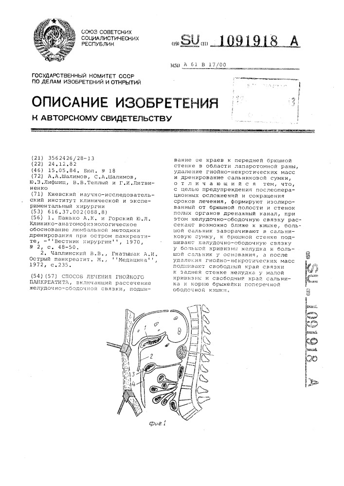 Способ лечения гнойного панкреатита (патент 1091918)