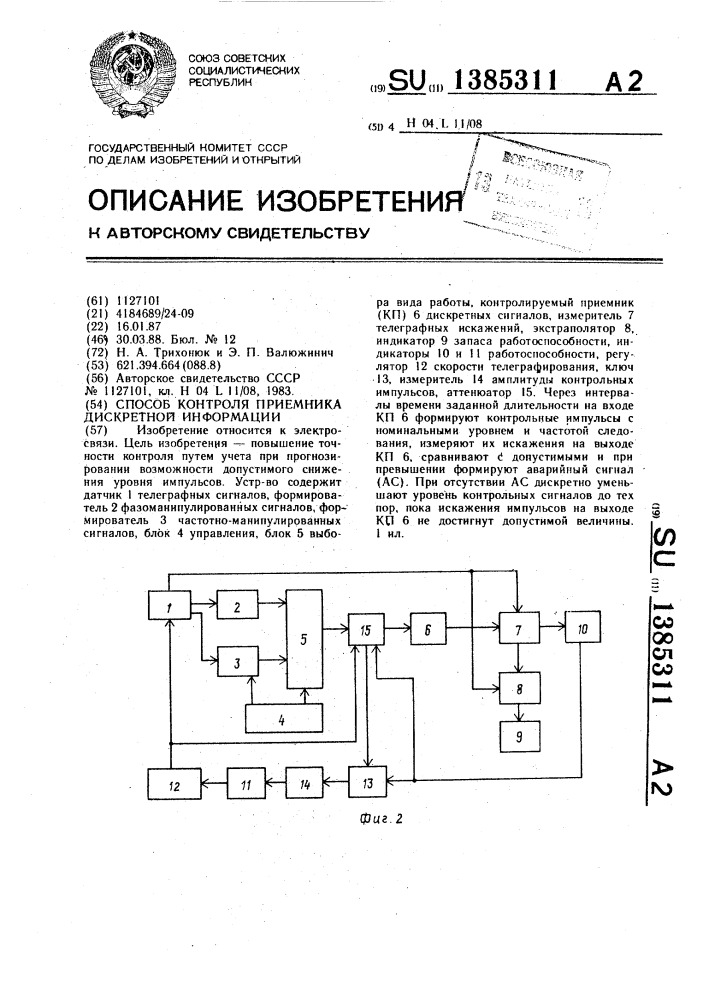 Способ контроля приемника дискретной информации (патент 1385311)