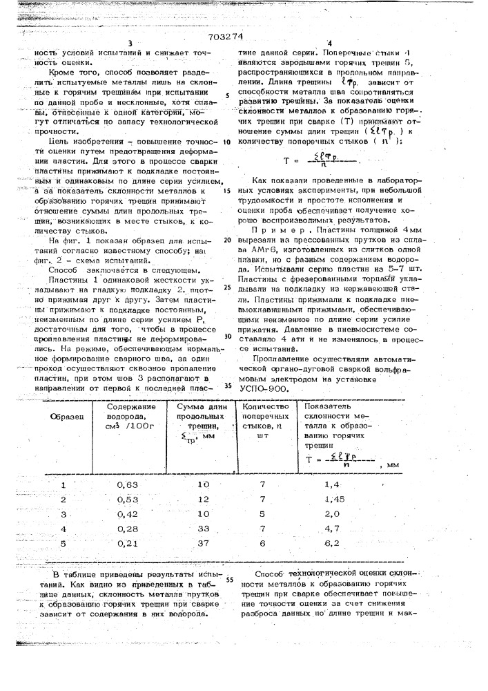 Способ технологической оценки склонности металлов к образованию горячих трещин при сварке (патент 703274)