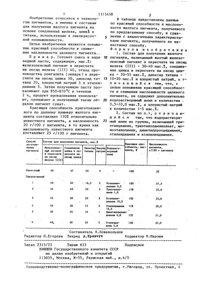 Состав для получения желтого пигмента (патент 1315458)