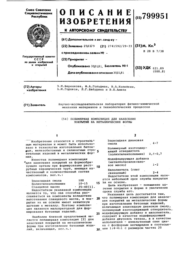 Полимерная композиция для нанесенияпокрытий ha металлические формы (патент 799951)