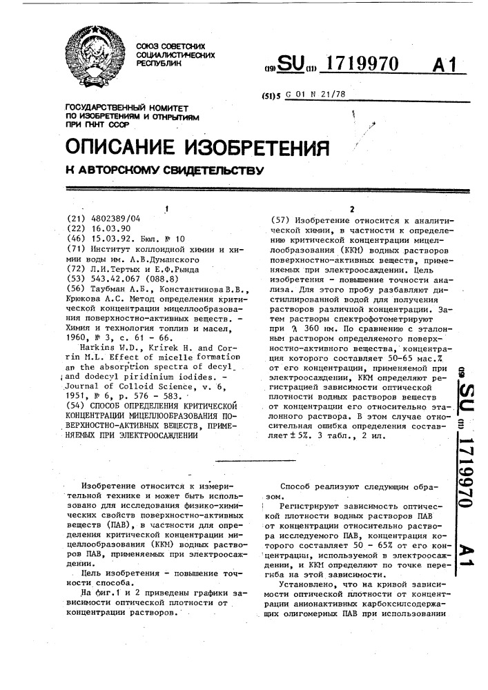 Способ определения критической концентрации мицеллообразования поверхностно-активных веществ, применяемых при электроосаждении (патент 1719970)