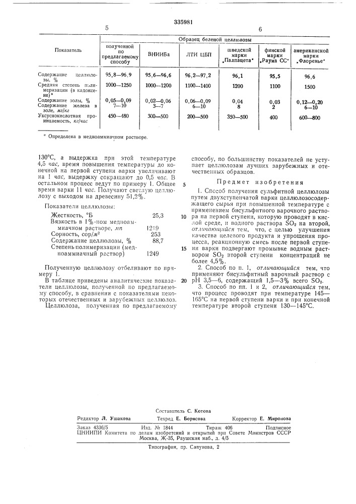 Способ получения сульфитной целлюлозы (патент 335981)