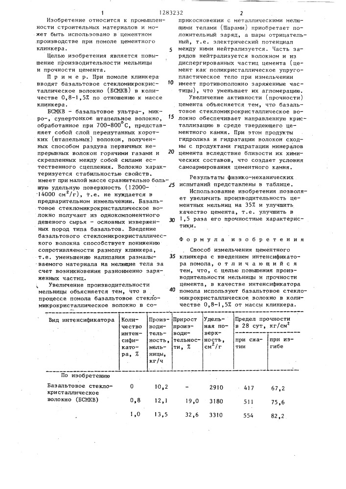 Способ измельчения цементного клинкера (патент 1283232)