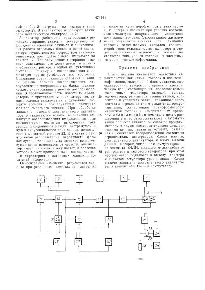 Статистический анализатор частотных характеристик матнитных головок и носителей информации (патент 474761)