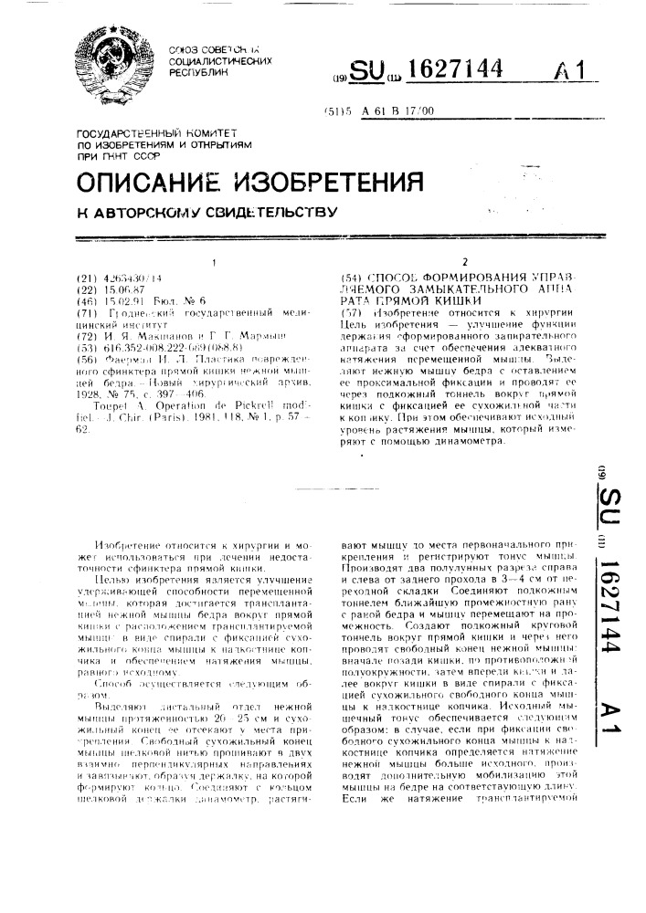 Способ формирования управляемого замыкательного аппарата прямой кишки (патент 1627144)