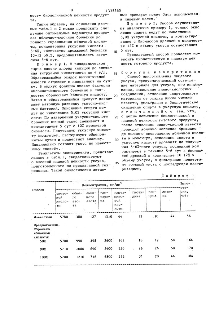 Способ приготовления пищевого уксуса (патент 1335565)
