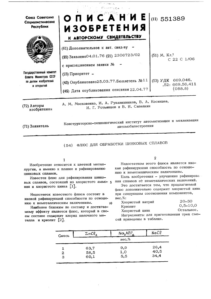 Флюс для обработки цинковых сплавов (патент 551389)