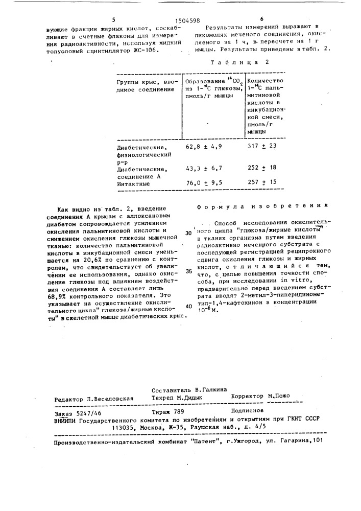 Способ исследования окислительного цикла "глюкоза/жирные кислоты" в тканях организма (патент 1504598)