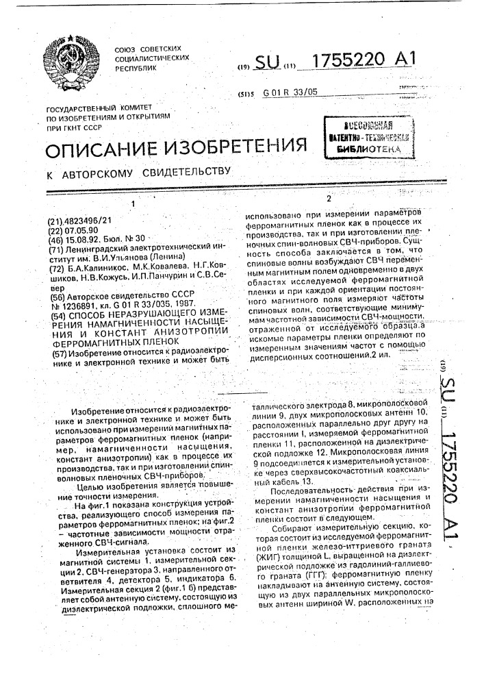 Способ неразрушающего измерения намагниченности насыщения и констант анизотропии ферромагнитных пленок (патент 1755220)