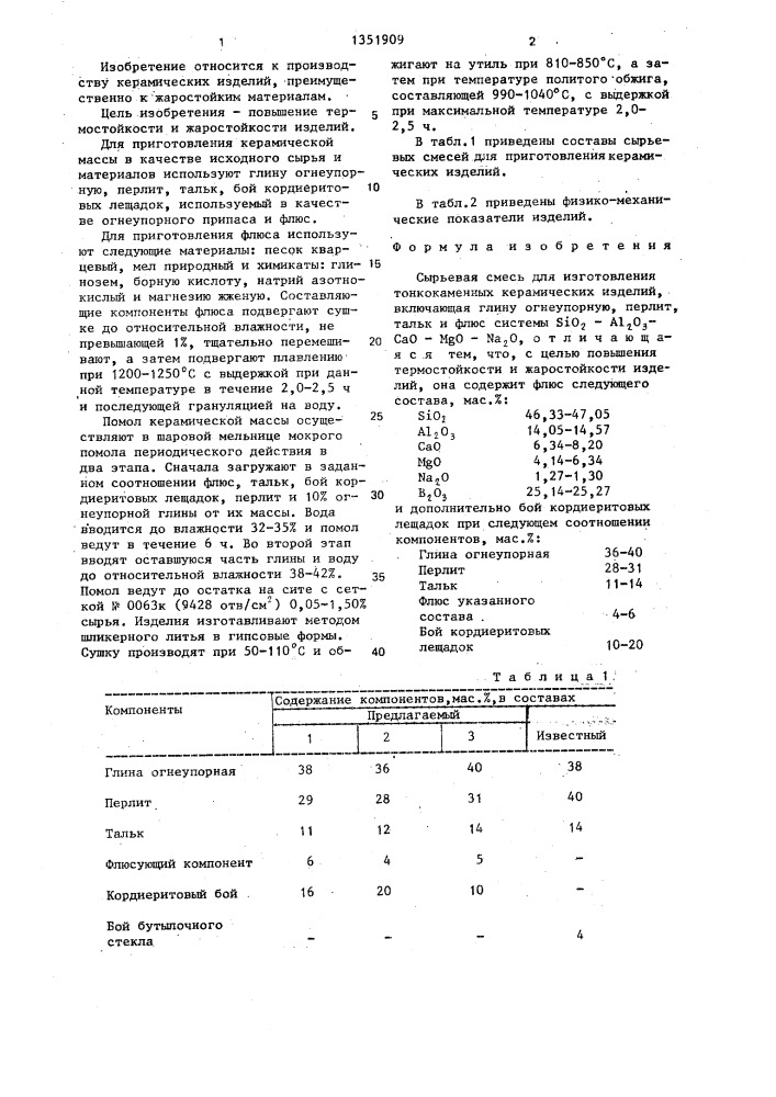 Сырьевая смесь для изготовления тонкокаменных керамических изделий (патент 1351909)