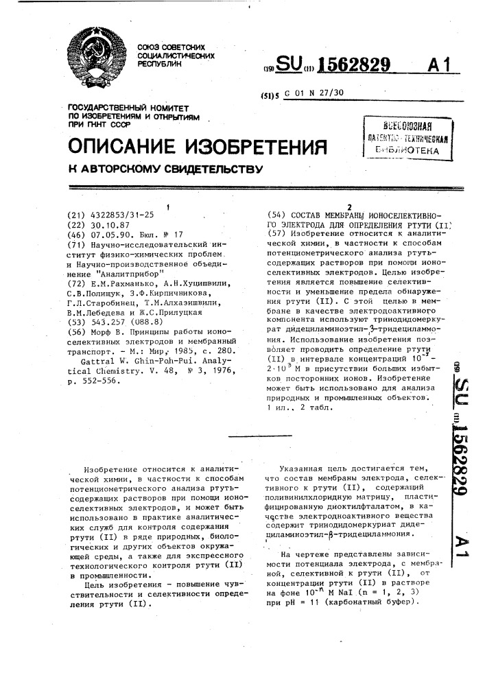 Состав мембраны ионоселективного электрода для определения ртути (-п) (патент 1562829)