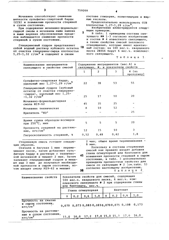 Комплексное связующее для изготовления литейных стержней (патент 759200)