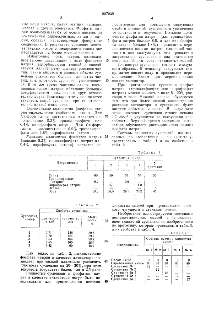 Глинистая суспензия для формовочныхи стержневых смесей (патент 827239)