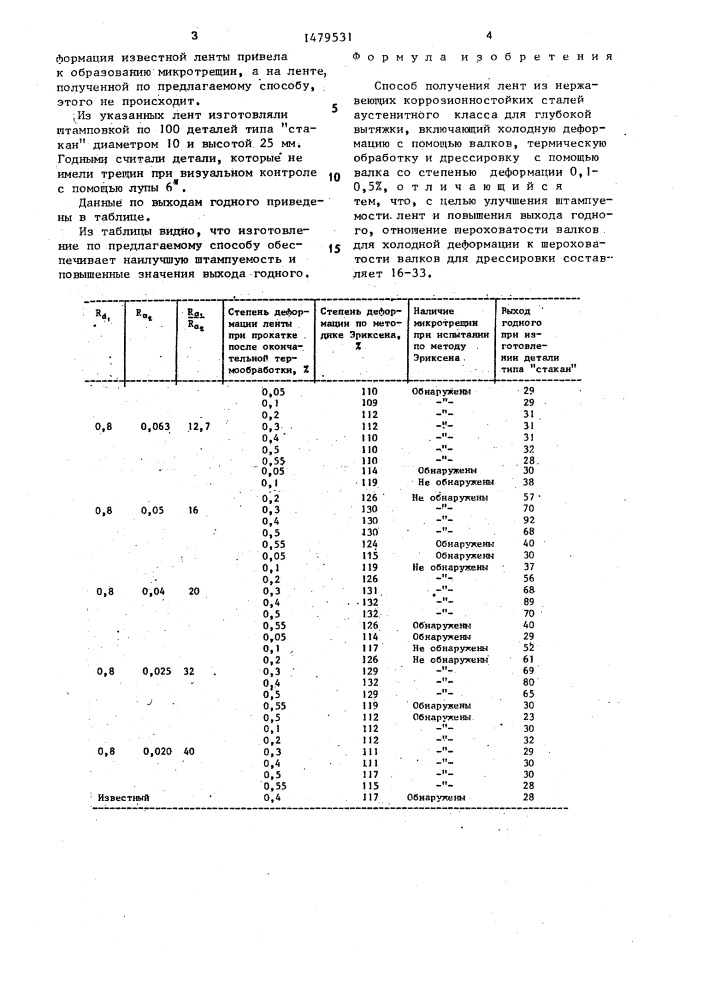 Способ получения лент из нержавеющих коррозионностойких сталей аустенитного класса для глубокой вытяжки (патент 1479531)