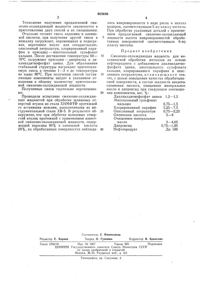 Смазочно-охлаждающая жидкость для механической обработки металлов (патент 463696)