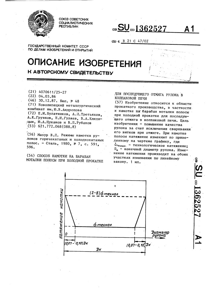 Способ намотки на барабан моталки полосы при холодной прокатке для последующего отжига рулона в колпаковой печи (патент 1362527)