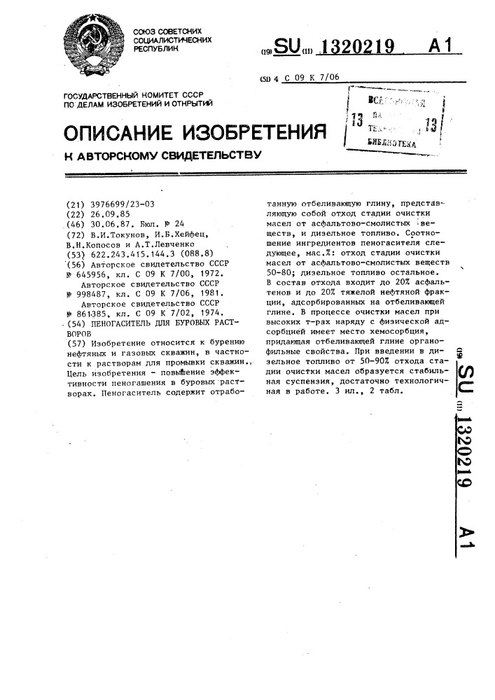 Пеногаситель для буровых растворов (патент 1320219)