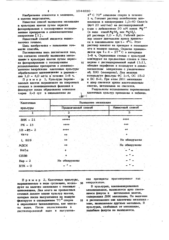 Способ выявления микоплазм в культурах клеток (патент 1044630)