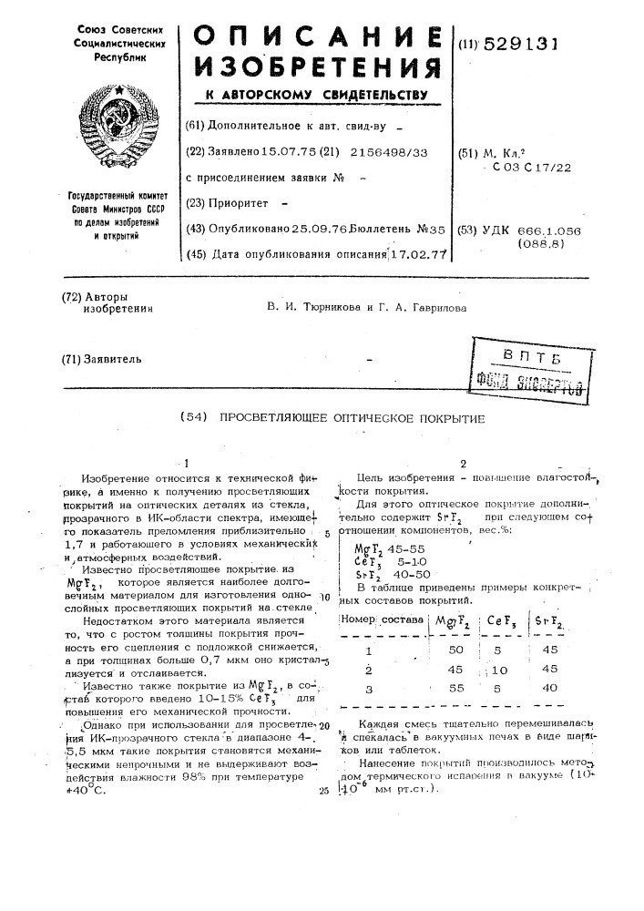 Просвтляющее оптическое покрытие (патент 529131)