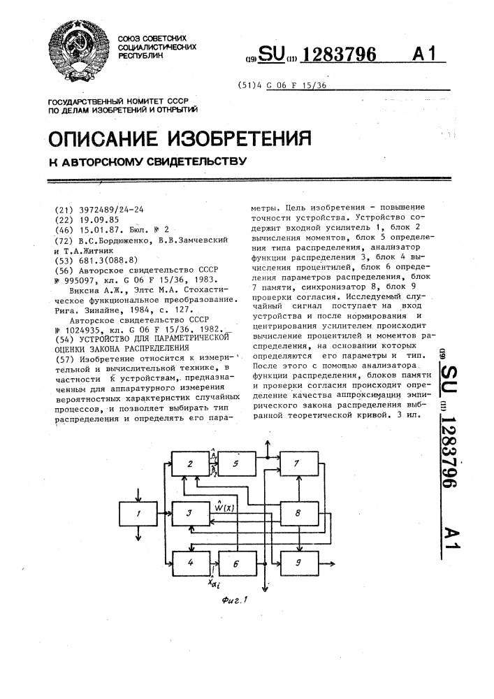 Устройство для параметрической оценки закона распределения (патент 1283796)