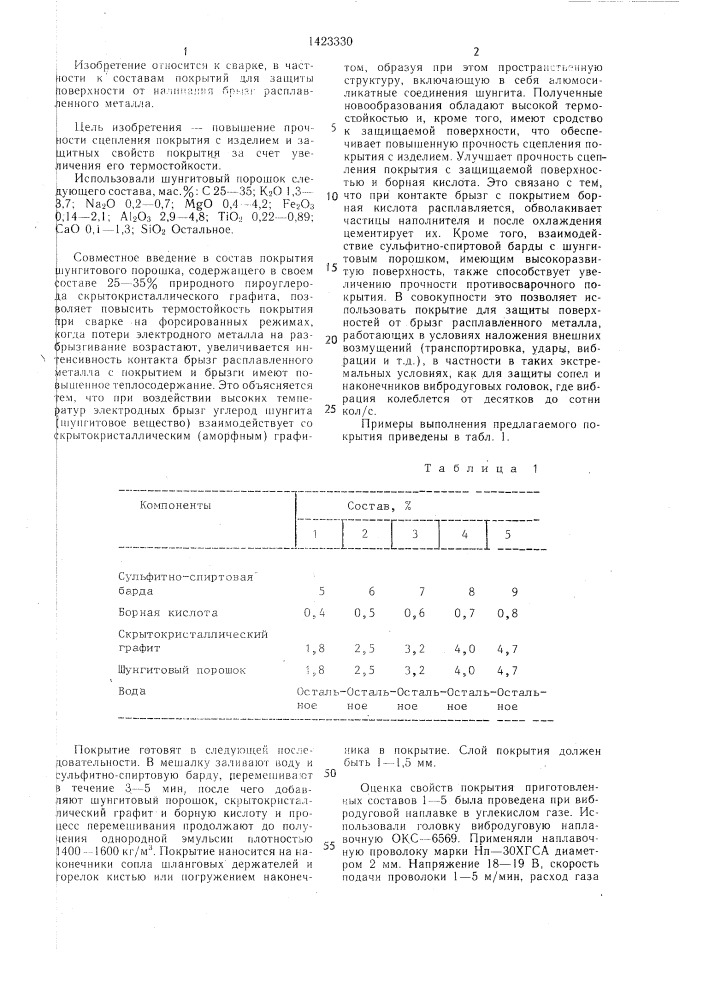 Состав покрытия для защиты поверхности от налипания брызг расплавленного металла (патент 1423330)