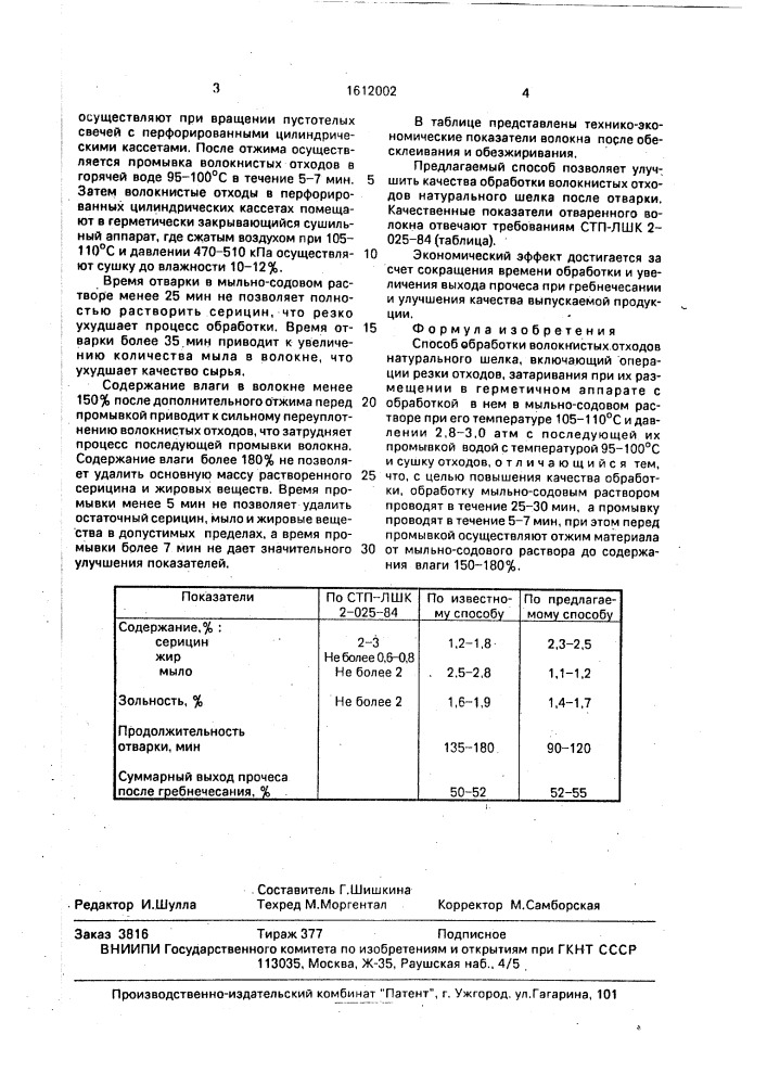 Способ обработки волокнистых отходов натурального шелка (патент 1612002)