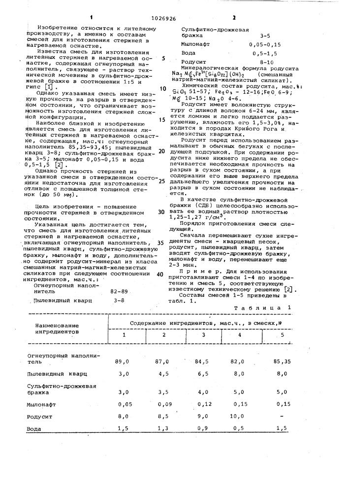 Смесь для изготовления литейных стержней в нагреваемой оснастке (патент 1026926)