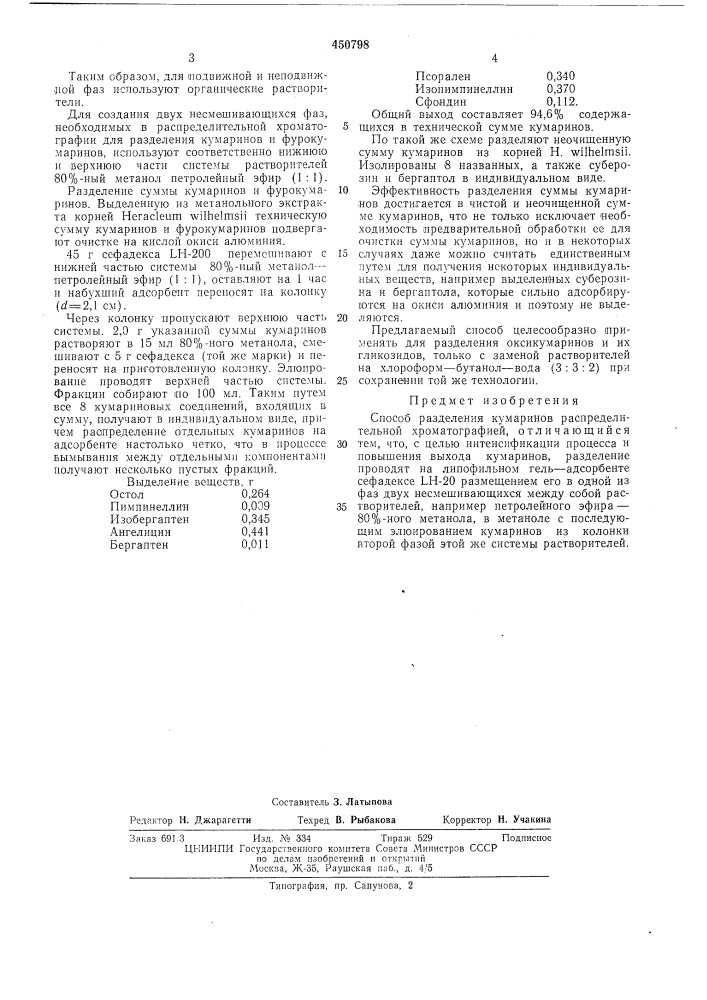 Способ разделения кумаринов (патент 450798)