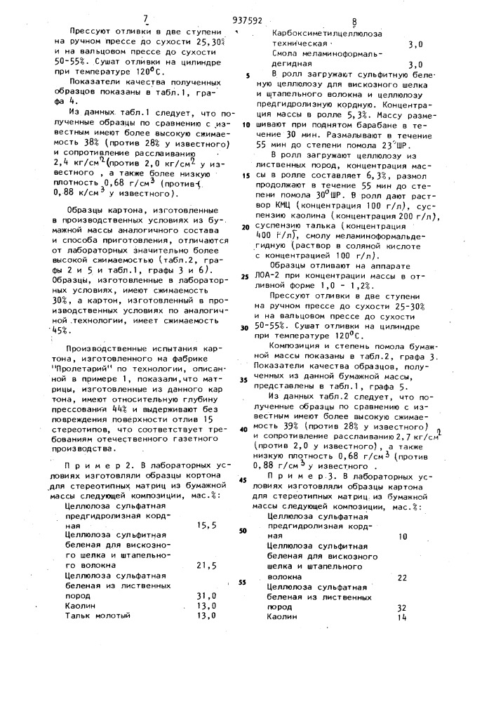 Бумажная масса для изготовления картона для стереотипных матриц (патент 937592)