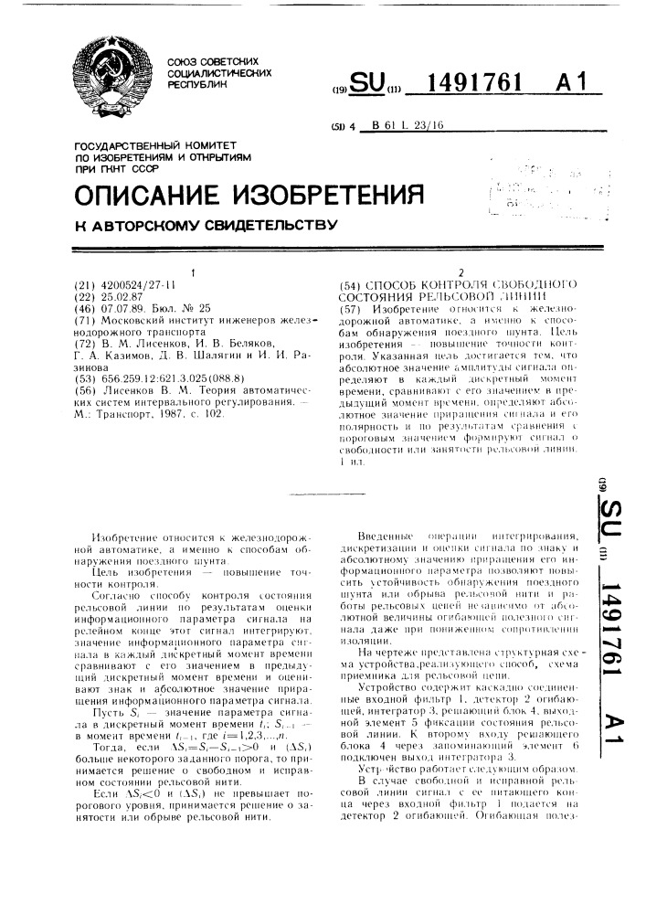 Способ контроля свободного состояния рельсовой линии (патент 1491761)