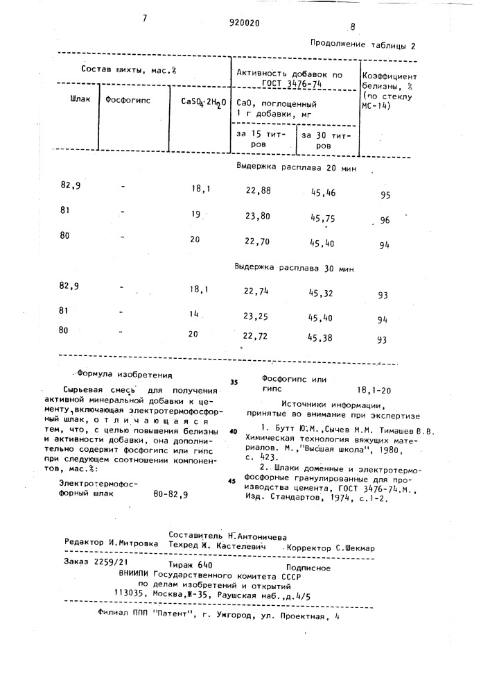 Сырьевая смесь для получения активной минеральной добавки к цементу (патент 920020)