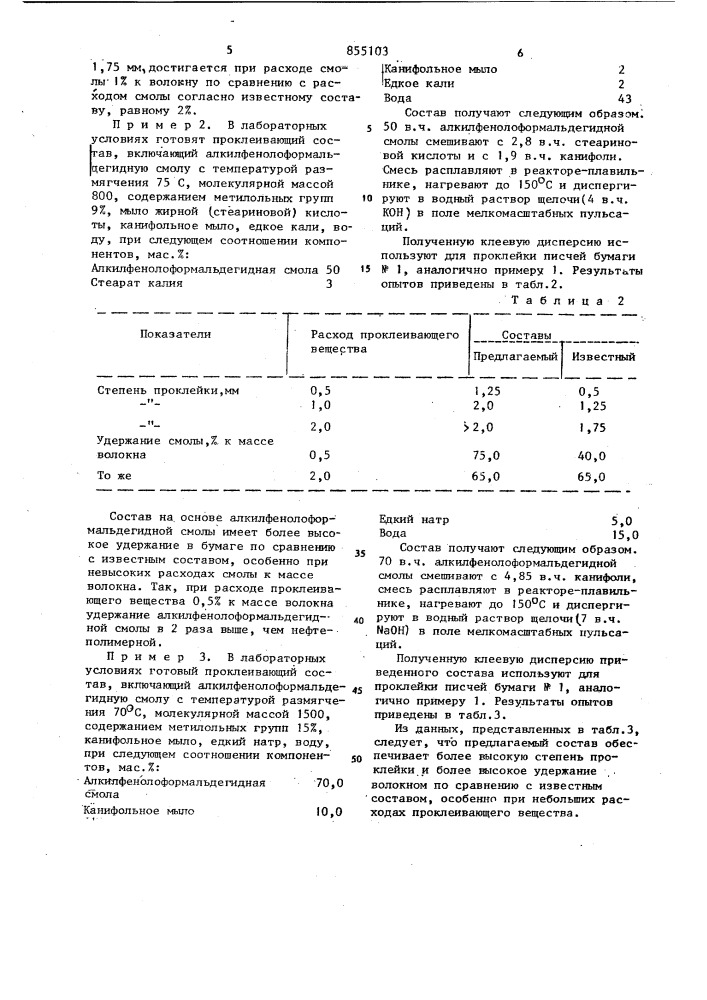 Состав для проклейки волокнистых материалов (патент 855103)