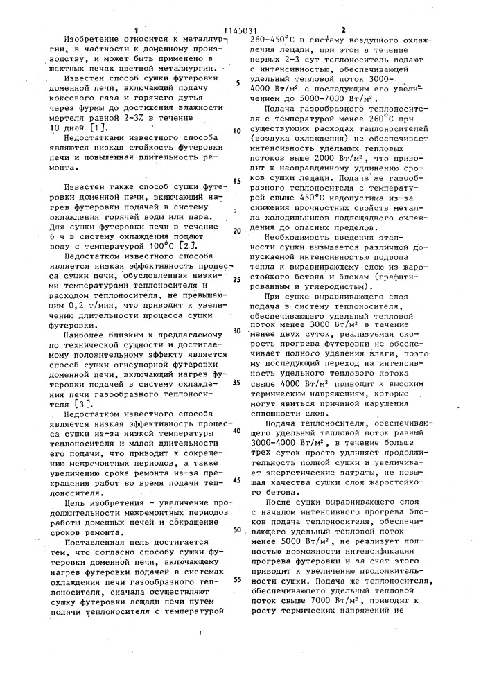 Способ сушки футеровки доменной печи (патент 1145031)
