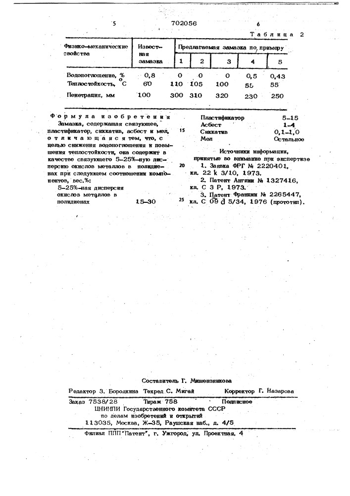 Замазка (патент 702056)