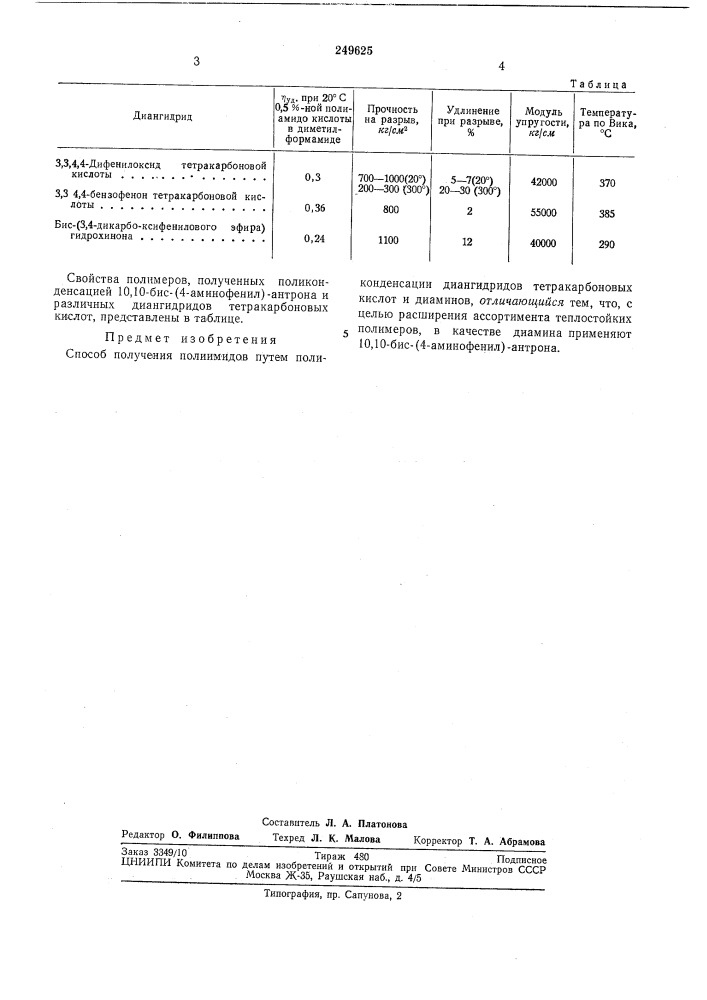 Способ получения полиимидов (патент 249625)