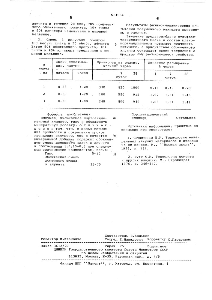 Вяжущее (патент 614054)