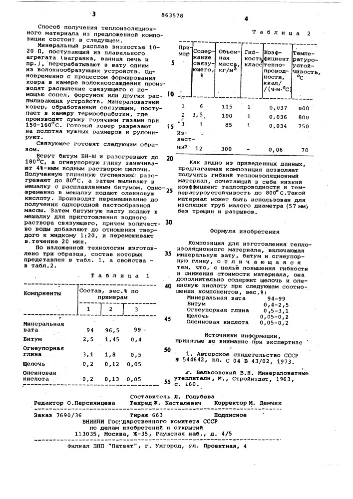 Композиция для изготовления теплоизоляционного материала (патент 863578)