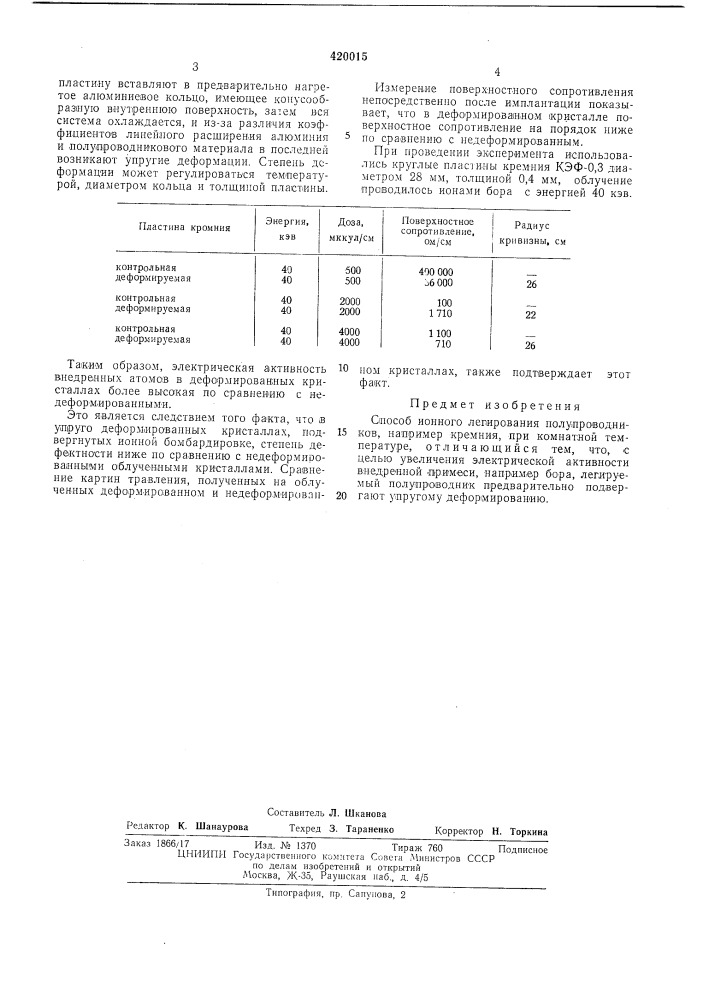 Способ ионпого легирования полупроводников (патент 420015)