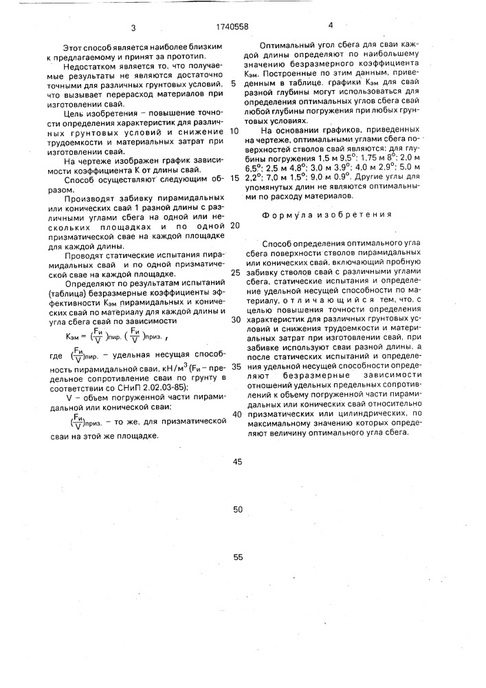 Способ определения оптимального угла сбега поверхности стволов пирамидальных или конических свай (патент 1740558)