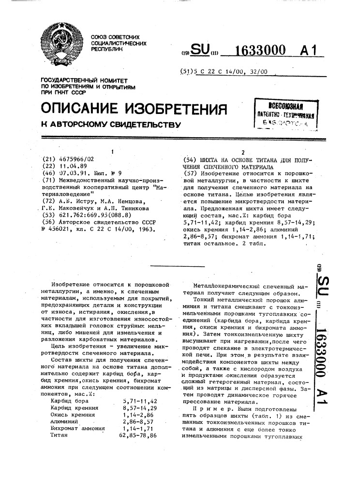 Шихта на основе титана для получения спеченного материала (патент 1633000)