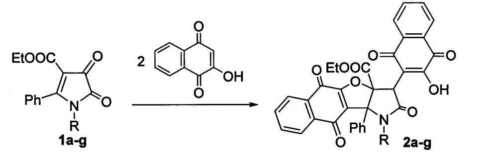 Способ получения этил 3-(3-гидрокси-1,4-диоксо-1,4-дигидронафталин-2-ил)-2,5,10-триоксо-10b-фенил-1,2,3,5,10,10b-гексагидро-3ан-нафто[2',3':4,5]фуро[3,2-b]пиррол-3а-карбоксилатов (патент 2643372)