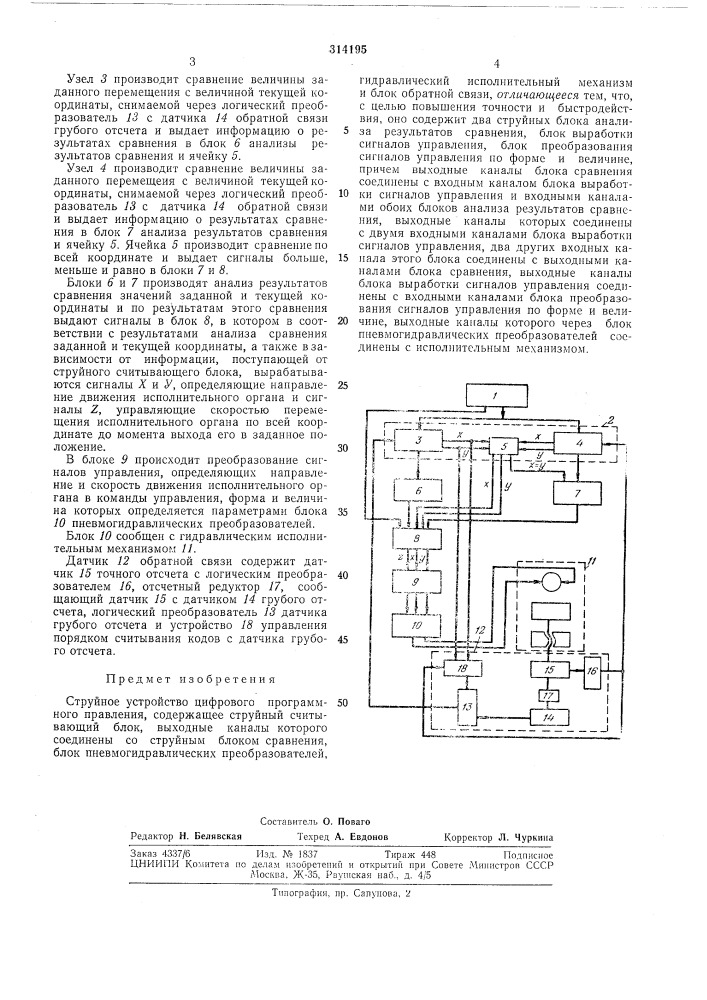 Струйное устройство цифрового программногоуправления (патент 314195)