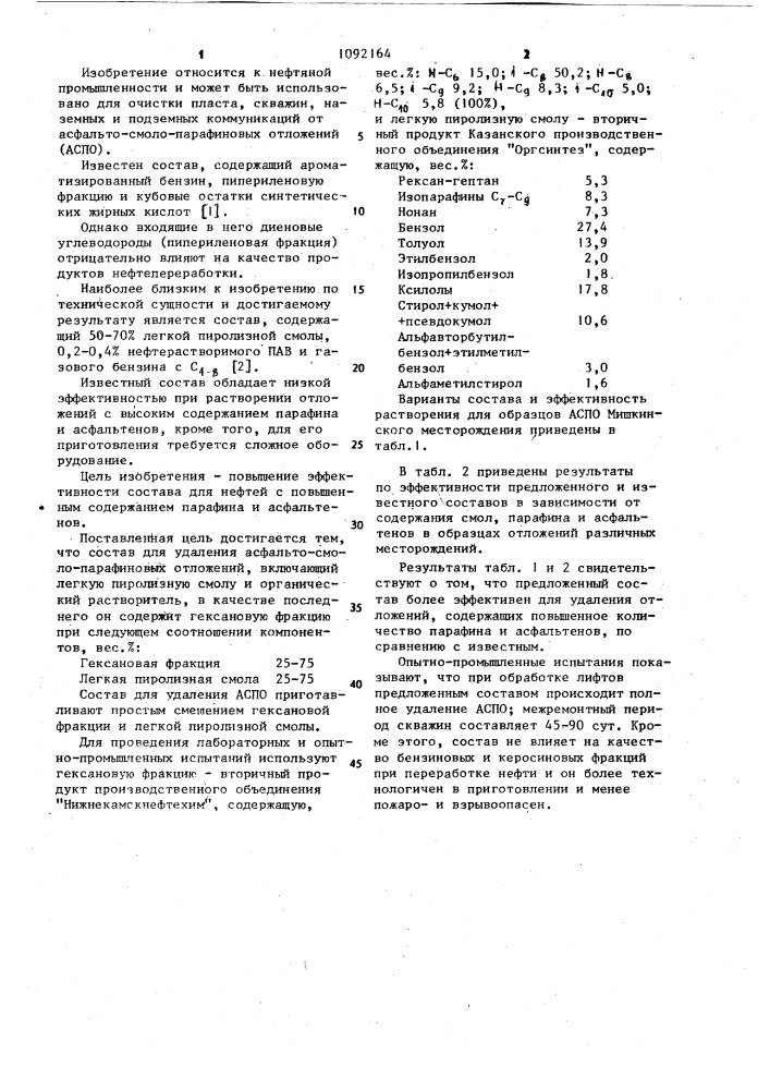 Состав для удаления асфальто-смолопарафиновых отложений (патент 1092164)