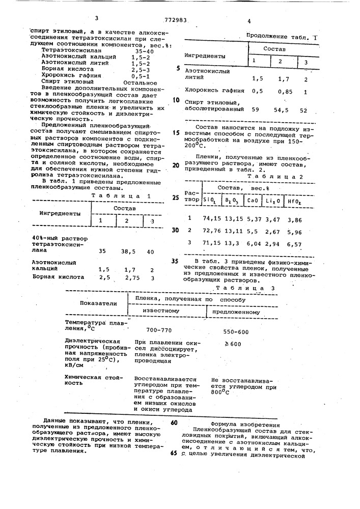 Пленкообразующий состав для стекловидных покрытий (патент 772983)
