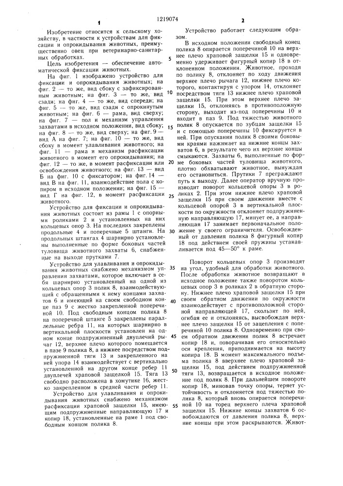 Устройство для фиксации и опрокидывания животных (патент 1219074)