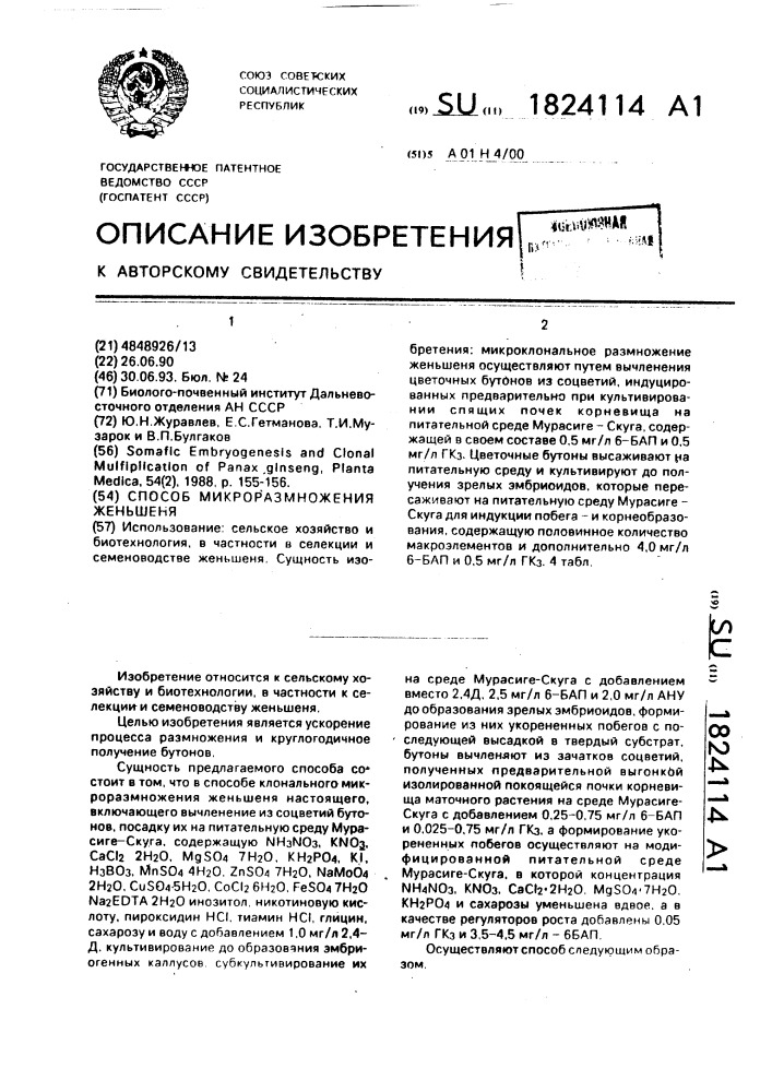 Способ микроразмножения женьшеня (патент 1824114)