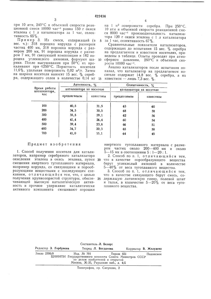 Способ получения носителя для катализаторов (патент 422436)