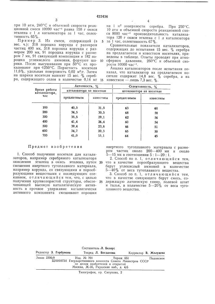 Способ получения носителя для катализаторов (патент 422436)