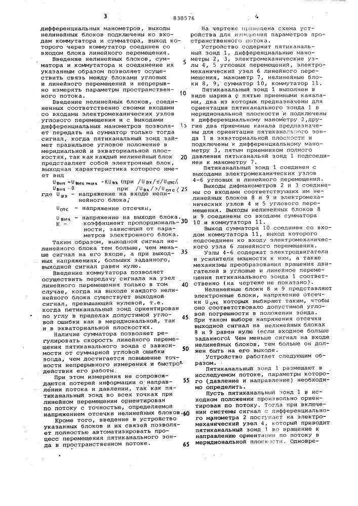 Устройство для измерения параметровпространственного потока (патент 838576)